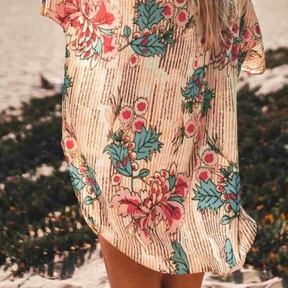 CUPSHE OS Oversized Collared Button Front Stripe Floral Swim Coverup Shirt - Picture 4 of 12